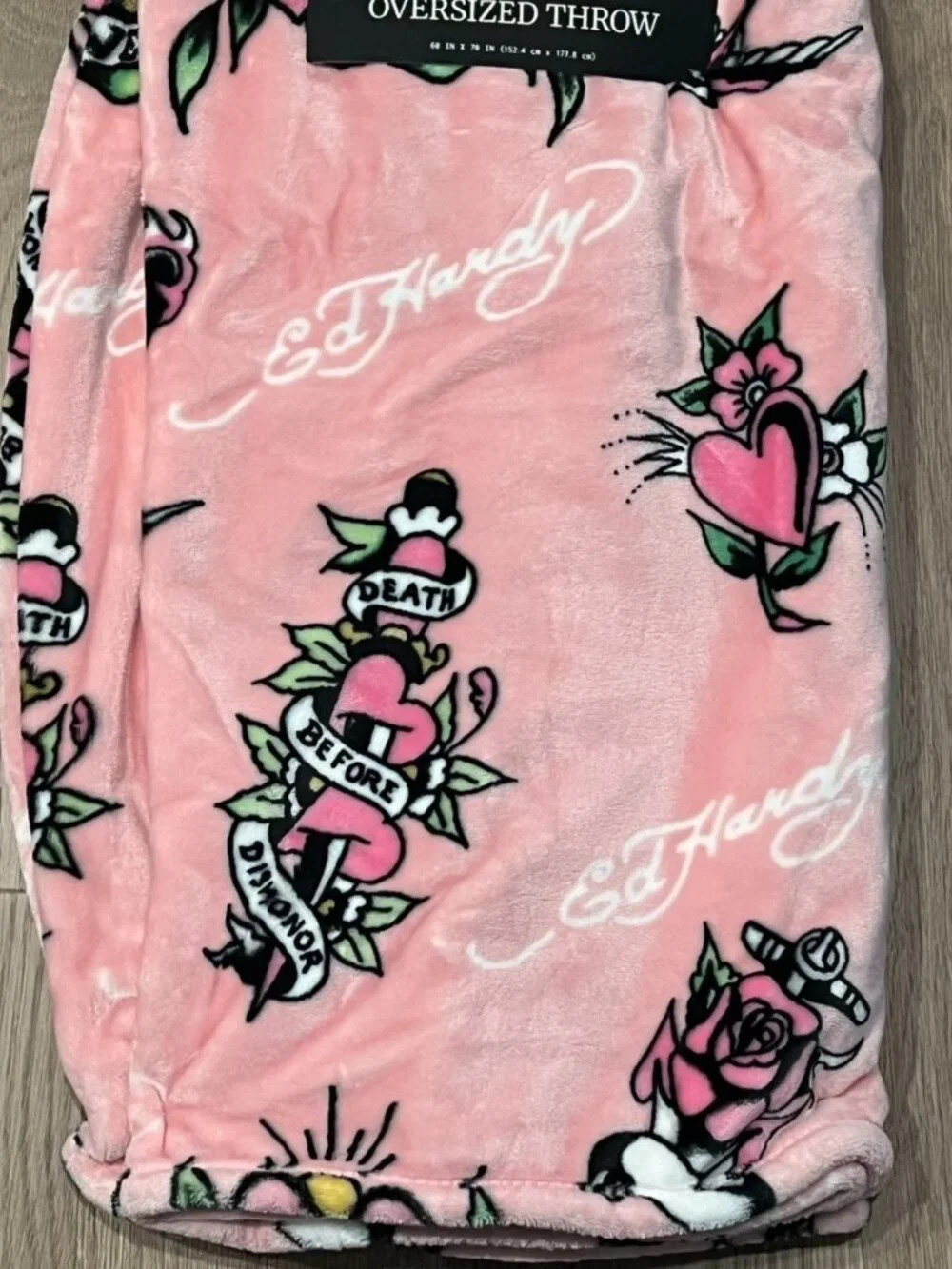 ED HARDY Pink Plush Oversized Throw Blanket 60x70 Skull Roses Floral Tattoo Y2K